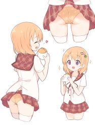 Rule 34 | 1girl, :d, ass, black ribbon, blouse, bread, breasts, buttons, closed eyes, clothes lift, collarbone, commentary request, cropped legs, food, food wrapper, from behind, gochuumon wa usagi desu ka?, hair ornament, hairclip, happy, heart, highres, holding, holding food, hoto cocoa, hoto cocoa&#039;s school uniform, motion lines, multiple views, neck ribbon, open mouth, orange hair, orange panties, panties, plaid, plaid sailor collar, plaid skirt, pleated skirt, polka dot, polka dot panties, purple eyes, red sailor collar, red skirt, ribbon, sailor collar, school uniform, serafuku, shirt, short hair, short sleeves, simple background, skirt, skirt lift, small breasts, smile, sparkle, standing, thighhighs, underwear, white background, white shirt, white thighhighs, wrapper, yaplus