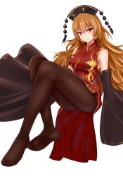 Rule 34 | 1girl, absurdres, adapted costume, ass, bare shoulders, blonde hair, blush, breasts, brown pantyhose, china dress, chinese clothes, commentary request, detached sleeves, dress, full body, hair between eyes, headdress, highres, invisible chair, junko (touhou), knees up, large breasts, long hair, long sleeves, looking at viewer, no shoes, pantyhose, red dress, red eyes, revision, ribbon-trimmed sleeves, ribbon trim, short dress, simple background, sitting, sleeves past fingers, sleeves past wrists, smile, solo, tassel, thighs, touhou, very long hair, white background, wide sleeves, wing collar, wuwusan