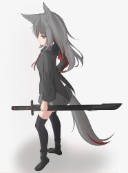 Rule 34 | 1girl, absurdres, animal ear fluff, animal ears, black footwear, black hoodie, black thighhighs, boots, breasts, closed mouth, commentary request, drawstring, fox ears, fox girl, fox tail, from side, full body, grey background, grey hair, grey skirt, highres, holding, holding sheath, hood, hood down, hoodie, katana, kuronagi (mitora uwu), long hair, multicolored hair, original, pleated skirt, profile, red eyes, red hair, shadow, sheath, sheathed, simple background, skirt, small breasts, solo, standing, streaked hair, sword, tail, thighhighs, thighhighs under boots, v-shaped eyebrows, weapon