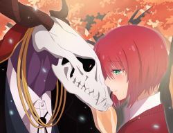 Rule 34 | 10s, 1boy, 1girl, animal skull, autumn leaves, blazer, blush, bolo tie, closed mouth, collared shirt, elias ainsworth, forehead-to-forehead, green eyes, hair between eyes, hatori chise, heads together, highres, horns, jacket, kukie-nyan, looking at another, mahou tsukai no yome, red eyes, red hair, shirt, sideways mouth, smile, tree, upper body, white shirt, wing collar