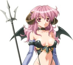 Rule 34 | 1girl, bat wings, breasts, horns, ikazuchi no senshi raidy, lowres, navel, pink hair, red eyes, solo, tiss, transparent background, trident, wings