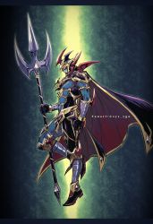 Rule 34 | 1boy, armor, artist name, black gloves, boots, cape, character request, clenched hand, closed mouth, colored skin, commentary request, duel monster, from side, gloves, green skin, highres, holding, holding weapon, male focus, purple cape, solo, soya (sys ygo), spikes, watermark, weapon, yu-gi-oh!