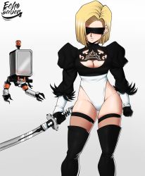 Rule 34 | 1girl, absurdres, android 18, blindfold, blonde hair, blush, cosplay, crossover, dragon ball, dragonball z, echo saber, highres, holding, holding sword, holding weapon, leotard, nier:automata, nier (series), pod (nier:automata), solo, sword, thighhighs, trait connection, weapon, 2b (nier:automata) (cosplay)