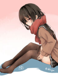 Rule 34 | 1girl, akino shuu, black hair, black sailor collar, black skirt, blush, brown pantyhose, brown shirt, clothes pull, colored shadow, commentary request, fringe trim, from side, gradient background, hair between eyes, iroha kaede, long sleeves, no shoes, original, pantyhose, pantyhose pull, parted lips, pink background, pleated skirt, puffy long sleeves, puffy sleeves, pulled by self, red eyes, red scarf, sailor collar, scarf, shadow, shirt, signature, sitting, skirt, solo, twitter username, white background