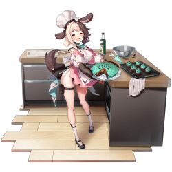 Rule 34 | 1girl, animal ear fluff, animal ears, ankle socks, apron, back bow, bare shoulders, belt, black belt, black footwear, blush, bow, bowl, breasts, brown hair, buttons, chef hat, chocolate chip, chocolate tart, closed eyes, counter, cupcake, cutting board, dispenser, dog ears, dog girl, dog tail, double-breasted, dress, english text, fang, food, full body, glass bottle, green neckerchief, grey hair, hachiko of castling, hat, heart, highres, holding, holding plate, huge bow, kitchen, large breasts, last origin, low twintails, mary janes, mel (dodosae), melting, mint, mint chocolate, multicolored hair, neckerchief, off-shoulder dress, off shoulder, official alternate costume, official art, open mouth, oven, oven mitts, pastry bag, pigeon-toed, pink dress, plate, pouch, puffy sleeves, rag, rolling pin, shoes, short dress, short twintails, side slit, sidelocks, socks, solo, spice, split-color hair, standing, tachi-e, tail, tareme, thick eyebrows, thick thighs, thigh belt, thigh pouch, thigh strap, thighs, third-party source, tongue, transparent background, tray, twintails, two-tone hair, valentine, whisk, white apron, white bow, white hat, white socks, wooden floor