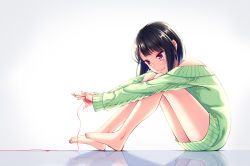 Rule 34 | 1girl, bare legs, bare shoulders, barefoot, black hair, blush, commentary request, dress, knees to chest, knees to chest, nail polish, nukoko (akumagansyakudairi), original, red eyes, ribbed dress, ribbed sweater, short hair, sitting, smile, solo, string, string of fate, sweater, sweater dress, toenail polish, toenails