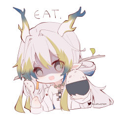 Rule 34 | 1girl, :d, arknights, bare shoulders, black eyes, blue hair, blush, bowl, chibi, commentary, cropped torso, dragon girl, dragon horns, english commentary, english text, green hair, hair between eyes, hair intakes, highres, holding, holding bowl, holding spoon, horns, jacket, jewelry, looking at viewer, multicolored hair, necklace, off shoulder, open clothes, open jacket, open mouth, pushu, rice, rice bowl, shaded face, shamoji, shirt, shu (arknights), simple background, smile, solo, spoon, strapless, strapless shirt, streaked hair, twitter logo, twitter username, upper body, white background, white hair, white jacket, white shirt