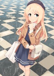 Rule 34 | 1girl, alakoala, alternate costume, artist name, bag, black dress, black headwear, blonde hair, blue eyes, blush, brown coat, buttons, checkered floor, coat, commentary request, dated, dress, highres, jervis (kancolle), kantai collection, long hair, long sleeves, pleated dress, shopping bag, shoulder bag, signature, smile, solo