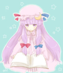 Rule 34 | 1girl, bad id, bad pixiv id, book, cloak, female focus, kneeling, no nose, open book, patchouli knowledge, purple hair, reading, ribbon, solo, star (symbol), suga (pixiv 34566), touhou