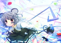 Rule 34 | 1girl, animal ears, basket, dowsing rod, female focus, grey hair, grin, jewelry, lulu season, mouse (animal), mouse ears, mouse tail, nazrin, pendant, red eyes, short hair, smile, solo, tail, touhou, ufo