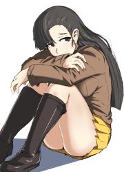Rule 34 | 10s, 1girl, asymmetrical hair, black footwear, boots, breasts, brown eyes, brown hair, chi-hatan military uniform, girls und panzer, jacket, knee boots, knees to chest, large breasts, hugging own legs, looking to the side, nexas, nishi kinuyo, solo, thighs, white background