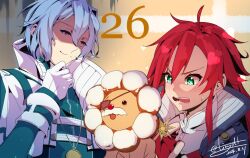 Rule 34 | 1boy, 1girl, bergard zeman, blue hair, blush, celis ortesia, closed mouth, commentary request, countdown, doughnut, eiyuu densetsu, eyepatch, facial hair, food, gloves, green eyes, high collar, kai no kiseki, kuro no kiseki (series), long hair, mustache, red hair, rion balthazar, shaded face, short hair, smile, sweat, tinybiard, v-shaped eyebrows, white gloves