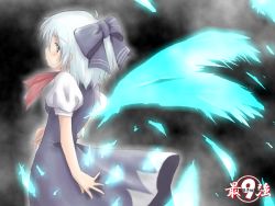 Rule 34 | 1girl, ahoge, arms at sides, ascot, blue dress, blue hair, blue wings, bow, circled 9, cirno, copyright name, cowboy shot, detached wings, dress, female focus, from side, glowing, glowing wings, grey eyes, looking at viewer, looking to the side, phantasmagoria of flower view, puffy short sleeves, puffy sleeves, purple bow, ribbon, short hair, short sleeves, solo, standing, touhou, wings, yuzuki kei