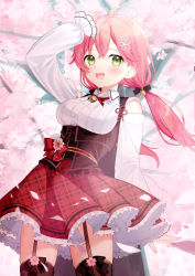 Rule 34 | 1girl, :d, ahoge, arm up, black bow, blush, bow, breasts, brown thighhighs, cherry blossoms, clothing cutout, collared shirt, commentary request, day, dress shirt, frilled skirt, frills, garter straps, green eyes, hair between eyes, hair bow, hair ornament, hairclip, highres, hololive, long hair, long sleeves, looking at viewer, low twintails, medium breasts, open mouth, outdoors, pink hair, plaid, plaid skirt, pleated skirt, puffy long sleeves, puffy sleeves, red skirt, sakura miko, sakura miko (casual), segawa luna, shirt, shoulder cutout, signature, skirt, sleeves past wrists, smile, solo, thighhighs, tree, twintails, underbust, unmoving pattern, very long hair, virtual youtuber, white shirt