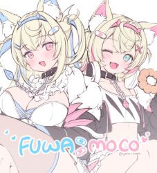 Rule 34 | 2girls, animal ear fluff, animal ears, black collar, black jacket, blonde hair, blue eyes, blue hair, breasts, cleavage, collar, commentary request, cropped jacket, cropped shirt, dog ears, dog girl, dress, fang, fur-trimmed jacket, fur trim, fuwawa abyssgard, fuwawa abyssgard (1st costume), hair ornament, hairband, hairpin, headphones, headphones around neck, hololive, hololive english, jacket, large breasts, midriff, mococo abyssgard, mococo abyssgard (1st costume), multicolored hair, multiple girls, naveel, nyana xoxo, one eye closed, pink eyes, pink hair, siblings, sisters, streaked hair, twins, twitter username, virtual youtuber, white background, white dress, x hair ornament