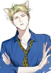 Rule 34 | 1boy, absurdres, animal ear fluff, animal ears, animal print, blonde hair, blue shirt, cat ears, crossed arms, goggles, green eyes, highres, jujutsu kaisen, leopard print, long sleeves, looking at viewer, male focus, mamita, nanami kento, necktie, parted lips, shirt, solo, yellow necktie