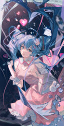 Rule 34 | 1girl, blue eyes, blue hair, breasts, bubble, collar, collared dress, commentary, dress, frilled collar, frilled dress, frills, grin, hair ornament, hairclip, hatsune miku, heart, highres, long hair, looking at viewer, medium breasts, mistedsky, open mouth, pill, pink dress, smile, solo, symbol-only commentary, underwater, vocaloid
