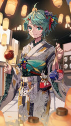 Rule 34 | 1girl, absurdres, bishounen, blurry, blush, bow, candy apple, closed mouth, depth of field, festival, floral print, food, food stand, ginyasama, green eyes, green hair, hair bow, hair ornament, highres, holding, holding food, japanese clothes, kimono, lantern, looking at viewer, mask, night, original, paper lantern, short hair, smile, solo, standing, summer festival, tagme, virtual youtuber, wide sleeves, yukata