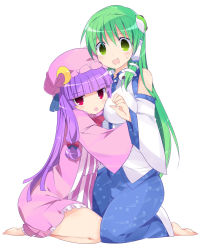 Rule 34 | 2girls, :p, barefoot, blush, bow, breasts, crescent, detached sleeves, female focus, frog, green eyes, green hair, hair bow, hair ornament, hair tubes, hat, highres, hug, kneeling, kochiya sanae, long hair, multiple girls, open mouth, patchouli knowledge, purple hair, red eyes, rfa, skirt, smile, snake, tongue, tongue out, touhou