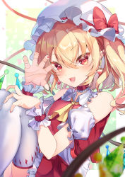 Rule 34 | 1girl, :d, adapted costume, ascot, bare shoulders, blonde hair, blurry, blurry foreground, blush, bow, choker, claw pose, crystal, depth of field, detached sleeves, earrings, fang, feet out of frame, flandre scarlet, frilled shirt collar, frills, gradient background, hair between eyes, hand on own knee, hand up, hat, hat bow, highres, jewelry, knees up, looking at viewer, mizurapi, mob cap, nail polish, one side up, open mouth, petticoat, pointy ears, puffy short sleeves, puffy sleeves, red bow, red choker, red eyes, red nails, red skirt, red vest, short hair, short sleeves, simple background, skin fang, skirt, smile, solo, thighhighs, touhou, tsurime, vest, white hat, white thighhighs, wings, wrist cuffs, yellow ascot