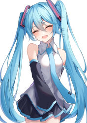 Rule 34 | 1girl, :d, absurdres, aqua hair, aqua necktie, arm tattoo, bare shoulders, black skirt, black sleeves, blush, breasts, closed eyes, collared shirt, commentary request, cowboy shot, detached sleeves, facing viewer, film grain, grey shirt, hair between eyes, hair ornament, hatsune miku, head tilt, highres, long hair, long sleeves, miniskirt, necktie, number tattoo, open mouth, partial commentary, pleated skirt, ryaru ryaru, shirt, sidelocks, simple background, skirt, sleeveless, sleeveless shirt, sleeves past fingers, sleeves past wrists, small breasts, smile, solo, standing, tattoo, teeth, tongue, twintails, upper teeth only, very long hair, vocaloid, white background, wing collar