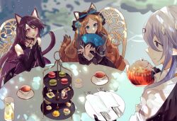 Rule 34 | 3girls, animal ear fluff, animal ears, arknights, black bow, black dress, black gloves, blue eyes, blue nails, blurry, blurry background, bow, brown hair, chair, character request, collarbone, cup, depth of field, dress, drinking glass, elbow gloves, folding fan, food, fork, gloves, grey hair, hair bow, hand fan, holding, holding fan, holding plate, holding teapot, iris (arknights), iwashi 80, knife, long sleeves, macaron, melantha (arknights), multiple girls, nail polish, on chair, parted bangs, partially fingerless gloves, pink eyes, plate, pointy ears, purple eyes, purple hair, saucer, shalem (arknights), sleeves past wrists, steepled fingers, table, tail, tea, teacup, teapot, tiered tray