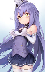 Rule 34 | 1girl, absurdres, anchor symbol, azur lane, bare shoulders, blue background, blue skirt, blush, breasts, brown eyes, closed mouth, commentary request, cowboy shot, dewey (azur lane), dress, elbow gloves, garrison cap, gloves, gradient background, hair between eyes, hat, highres, long hair, pleated skirt, ponta (velmar), puff of air, purple hair, shirt, skirt, sleeveless, sleeveless dress, small breasts, solo, standing, thighhighs, very long hair, white background, white gloves, white hat, white shirt, white thighhighs
