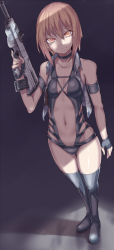 Rule 34 | 1girl, arm at side, armband, bare shoulders, black footwear, black gloves, black leotard, black neckwear, boots, brown eyes, brown hair, center opening, choker, closed mouth, collarbone, dated, expressionless, fingerless gloves, flat chest, full body, gloves, grey vest, gun, holding, holding gun, holding weapon, legs together, leotard, looking at viewer, navel, open clothes, open vest, original, revealing clothes, rifle, short hair, signature, silver bell, sleeveless, solo, standing, stomach, thigh boots, thigh gap, thighhighs, trigger discipline, vest, weapon