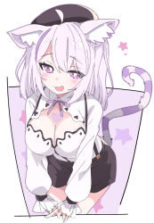 Rule 34 | 1girl, animal ear fluff, animal ears, beret, black hat, black shorts, blush, breasts, bright pupils, cat ears, cat tail, cleavage, cleavage cutout, clothing cutout, hat, hololive, ixy, large breasts, long sleeves, looking at viewer, multicolored hair, nekomata okayu, nekomata okayu (wonderland), open mouth, purple eyes, purple hair, shorts, smile, solo, streaked hair, suspenders, tail, virtual youtuber, white pupils