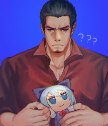 Rule 34 | 1boy, ?, ??, bad id, bad twitter id, black hair, blouse, blue background, blue bow, blue dress, blue eyes, blue hair, bow, brown eyes, cirno, closed mouth, collarbone, doll, dress, facial hair, fumo (doll), hair bow, highres, holding, holding doll, kiryu kazuma, long sleeves, looking at object, looking down, mustache, neck ribbon, red ribbon, red shirt, ribbon, ryuu ga gotoku (series), shirt, short hair, short sleeves, sleeves rolled up, touhou, upper body, v-shaped eyebrows, very short hair, ykz sdz