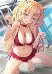 Rule 34 | 1girl, :d, akai haato, animal ear fluff, animal ears, bare arms, bare shoulders, barefoot, between breasts, bikini, blonde hair, blue eyes, blush, bracelet, breasts, cat ears, cat girl, cat tail, choker, cleavage, collar, collarbone, fang, female focus, frilled bikini, frills, full body, glint, hair ornament, hairclip, halterneck, hands up, head tilt, heart, heart-shaped pupils, heart necklace, highres, hololive, jewelry, large breasts, long hair, looking at viewer, monaka curl, navel, necklace, open mouth, paw pose, pool, pool ladder, red bikini, red choker, rei no pool, smile, solo, spread legs, squatting, stomach, string bikini, swimsuit, symbol-shaped pupils, tail, thighs, tile floor, tiles, tiptoes, toes, two side up, virtual youtuber, water