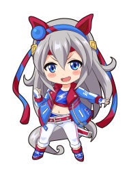 Rule 34 | 1girl, animal ears, belt, blue eyes, blue footwear, blue jacket, blue shirt, blush stickers, chibi, clenched hand, crop top, fang, fingerless gloves, full body, gloves, grey hair, hairband, headband, highres, horse ears, horse girl, horse tail, jacket, kurumiyasan ns, lightning bolt symbol, long hair, long sleeves, looking at viewer, midriff, navel, open clothes, open jacket, open mouth, outstretched arm, pants, shirt, shoes, simple background, smile, solo, tail, tamamo cross (umamusume), umamusume, v-shaped eyebrows, white background, white gloves, white pants
