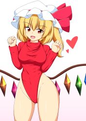 Rule 34 | 1girl, blonde hair, breasts, commentary request, cowboy shot, crystal, flandre scarlet, groin, hat, heattech leotard, highleg, highleg leotard, highres, kagayama hajime, leotard, long hair, looking at viewer, medium breasts, mob cap, red eyes, red leotard, side ponytail, simple background, solo, standing, touhou, turtleneck, white background, white hat, wings