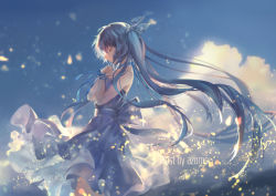 Rule 34 | 1girl, aqua hair, arm ribbon, artist name, azomo, blue ribbon, dress, english text, closed eyes, from side, glowing, hatsune miku, highres, light particles, long hair, md5 mismatch, own hands together, parted lips, profile, ribbon, solo, twintails, very long hair, vocaloid