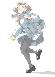 Rule 34 | 1girl, absurdres, bag, black footwear, black pantyhose, blue bag, blue jacket, blue skirt, brown hair, full body, highres, holding, holding bag, jacket, kon osm, loafers, looking at viewer, neckerchief, open mouth, original, pantyhose, plaid neckerchief, pleated skirt, shadow, shoes, simple background, skirt, solo, standing, standing on one leg, teeth, upper teeth only, white background
