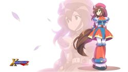 Rule 34 | 1girl, android, beret, breasts, brown hair, cherry blossoms, dress, gloves, green eyes, hair between eyes, hat, highres, iris (mega man), long hair, low-tied long hair, medium breasts, mega man (series), mega man x4, mega man x (series), mizuno keisuke, official art, official wallpaper, ponytail, smile, solo, third-party source, very long hair, wallpaper, white gloves