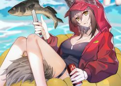 Rule 34 | 1girl, absurdres, animal ears, arknights, artist request, bare legs, breasts, can, chinese commentary, cleavage, commentary request, feet out of frame, fish, hand up, head tilt, highres, holding, holding can, holding knife, hood, hooded jacket, jacket, knife, large breasts, long sleeves, lushi jin up, official alternate costume, parted lips, projekt red (arknights), projekt red (light breeze) (arknights), red jacket, short hair, silver hair, sitting, tail, thigh strap, thighs, water, wolf ears, wolf tail, yellow eyes