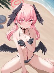 Rule 34 | 1girl, absurdres, barefoot, beach, bikini, black bikini, black wings, blue archive, blue eyes, blush, breasts, collarbone, commentary request, feathered wings, floral print, gugu0v0, halo, halterneck, hand up, head wings, highres, koharu (blue archive), koharu (swimsuit) (blue archive), looking at viewer, low twintails, low wings, navel, official alternate costume, open mouth, pink eyes, pink hair, pink halo, print bikini, sitting, small breasts, solo, swimsuit, tattoo, twintails, wariza, wings