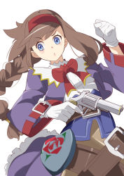 Rule 34 | 1girl, 34 (sanjushi), absurdres, belt, blue eyes, bow, braid, brown hair, coat, dress, gloves, gun, hairband, highres, long hair, purple dress, red hairband, simple background, solo, virginia maxwell, weapon, white background, wild arms, wild arms 3