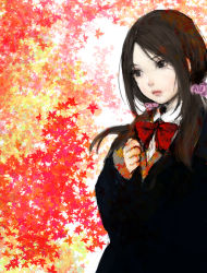 Rule 34 | 1girl, autumn leaves, black eyes, brown hair, lips, long hair, original, ponsuke (pon00000), solo