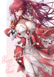 Rule 34 | 1girl, absurdres, armor, armored boots, armored gloves, boots, braid, breasts, cape, cleavage, elesis (elsword), elsword, empire sword (elsword), english text, gem, gloves, gold trim, hair ornament, highres, huge breasts, long hair, looking at viewer, pantyhose, ponytail, raised eyebrows, reaching, reaching towards viewer, red eyes, red gemstone, red hair, rourou (been), shoulder armor, simple background, solo, very long hair, white pantyhose