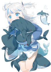 Rule 34 | 1girl, @ @, between legs, between thighs, bloop (gawr gura), blue eyes, blue hair, blush, cowboy shot, crow monet, fins, fish tail, gawr gura, hair ornament, highres, holding, holding toy, hololive, hololive english, hood, hoodie, ikea shark, long hair, mouth hold, multicolored hair, running, shark tail, sharp teeth, silver hair, simple background, sleeves past wrists, solo, streaked hair, stuffed animal, stuffed shark, stuffed toy, sweatdrop, tail, teeth, toy, two side up, virtual youtuber, white background