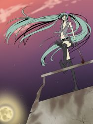 Rule 34 | 1girl, aqua eyes, aqua hair, armband, boots, cloud, compacthuman, crowbar, flat chest, from below, full moon, gloves, glowing, hair over one eye, hatsune miku, knee boots, lead pipe, long hair, moon, navel, open clothes, open shirt, open skirt, panties, popped collar, rumia (compacthuman), shirt, skirt, sky, sleeveless, sleeveless shirt, solo, star (sky), star (symbol), starry sky, thong, twintails, unbuttoned, underwear, very long hair, vocaloid, weapon, wind