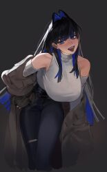 Rule 34 | 1girl, alternate hairstyle, belt, bent over, black background, black hair, blue eyes, blue hair, blunt bangs, blunt ends, breasts, brown coat, clothing cutout, coat, colored inner hair, commentary, denim, detached sleeves, ear piercing, earrings, eus ing, fangs, feet out of frame, hair intakes, highres, hololive, hololive english, jeans, jewelry, large breasts, long hair, looking at viewer, multicolored hair, open clothes, open coat, open mouth, ouro kronii, ouro kronii (casual), pants, piercing, shoulder cutout, simple background, sleeveless, sleeveless turtleneck, solo, teeth, tongue, torn clothes, torn jeans, torn pants, turtleneck, turtleneck shirt, very long hair, virtual youtuber