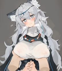 Rule 34 | 1girl, animal ear fluff, animal ears, arknights, bead necklace, beads, black cloak, blush, braid, breast lift, breasts, breath, circlet, cloak, closed mouth, commentary, covered erect nipples, disembodied hand, embarrassed, english text, grey background, grey eyes, hair between eyes, head tilt, heavy breathing, highres, jewelry, lactation, lactation through clothes, large breasts, leopard ears, long hair, looking at viewer, mikozin, motion lines, necklace, nipples, own hands clasped, own hands together, pov, pramanix (arknights), ribbed sweater, see-through, side braids, silver hair, simple background, solo focus, sweat, sweatdrop, sweater, tareme, turtleneck, turtleneck sweater, twin braids, upper body, wavy hair, wet, wet clothes, white sweater