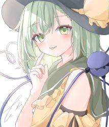 Rule 34 | 1girl, :p, adapted costume, bare shoulders, black hat, blouse, blush, bow, braid, commentary request, detached sleeves, earrings, eyeball, flat chest, french braid, frilled shirt collar, frills, green eyes, green hair, hat, hat bow, highres, hoop earrings, jewelry, komeiji koishi, korira, looking at viewer, medium hair, shirt, simple background, solo, third eye, tongue, tongue out, touhou, upper body, white background, yellow bow, yellow shirt