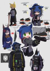 Rule 34 | &gt; &lt;, 1boy, 3girls, @ @, anger vein, animal ear fluff, animal ears, arknights, arms up, black footwear, black gloves, black jacket, black pants, black shirt, black shorts, black socks, blue hair, blue pants, blue shirt, boots, breath weapon, breathing fire, cat ears, closed eyes, commentary request, cross-laced footwear, dobermann (arknights), drone, fang, fire, firing, gas mask, gloves, green eyes, grey background, grey footwear, grey jacket, grey jumpsuit, gun, hands on own head, highres, holding, holding gun, holding sword, holding weapon, jacket, jessica (arknights), jumpsuit, lace-up boots, mask, mlynar (arknights), mudrock (arknights), multicolored hair, multiple girls, newspaper, open clothes, open jacket, open mouth, originium slug (arknights), pants, ponytail, purple hair, shirt, shoes, short eyebrows, shorts, simple background, smoke, smoking barrel, socks, sword, takenuco, tears, thick eyebrows, trembling, two-tone hair, v-shaped eyebrows, wavy mouth, weapon