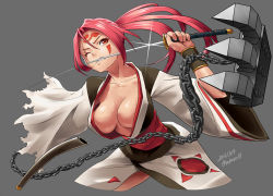 Rule 34 | 1girl, amputee, baiken, breasts, cleavage, facial mark, facial tattoo, glint, grey background, guilty gear, holding, holding sword, holding weapon, katana, large breasts, long hair, mouth hold, one eye closed, pink hair, red eyes, scar, scar across eye, scar on face, simple background, solo, sword, tattoo, torn clothes, torn sleeves, weapon, zaki (narashigeo)