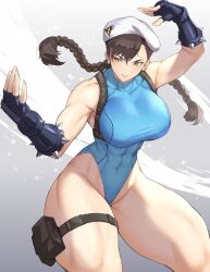 Rule 34 | 1girl, abs, anagumasan, armpit crease, beret, biceps, blue leotard, bracelet, braid, breasts, brown eyes, brown hair, cammy white, cammy white (cosplay), capcom, chest harness, chun-li, cosplay, covered abs, covered navel, curvy, earrings, fingerless gloves, gloves, hair between eyes, harness, hat, highleg, highleg leotard, highres, holster, jewelry, large breasts, leotard, long hair, muscular, muscular female, smile, solo, spiked bracelet, spikes, street fighter, taut leotard, thick thighs, thigh holster, thigh strap, thighs, twin braids, white hat
