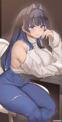 Rule 34 | 1girl, bare shoulders, black hair, blue eyes, blue hair, blue pants, blush, breasts, colored inner hair, denim, detached sleeves, hair intakes, highres, hololive, hololive english, jeans, kanachirou, large breasts, long hair, long sleeves, looking at viewer, multicolored hair, ouro kronii, pants, shirt, sitting, smile, solo, thick thighs, thighs, torn clothes, torn pants, virtual youtuber, white shirt